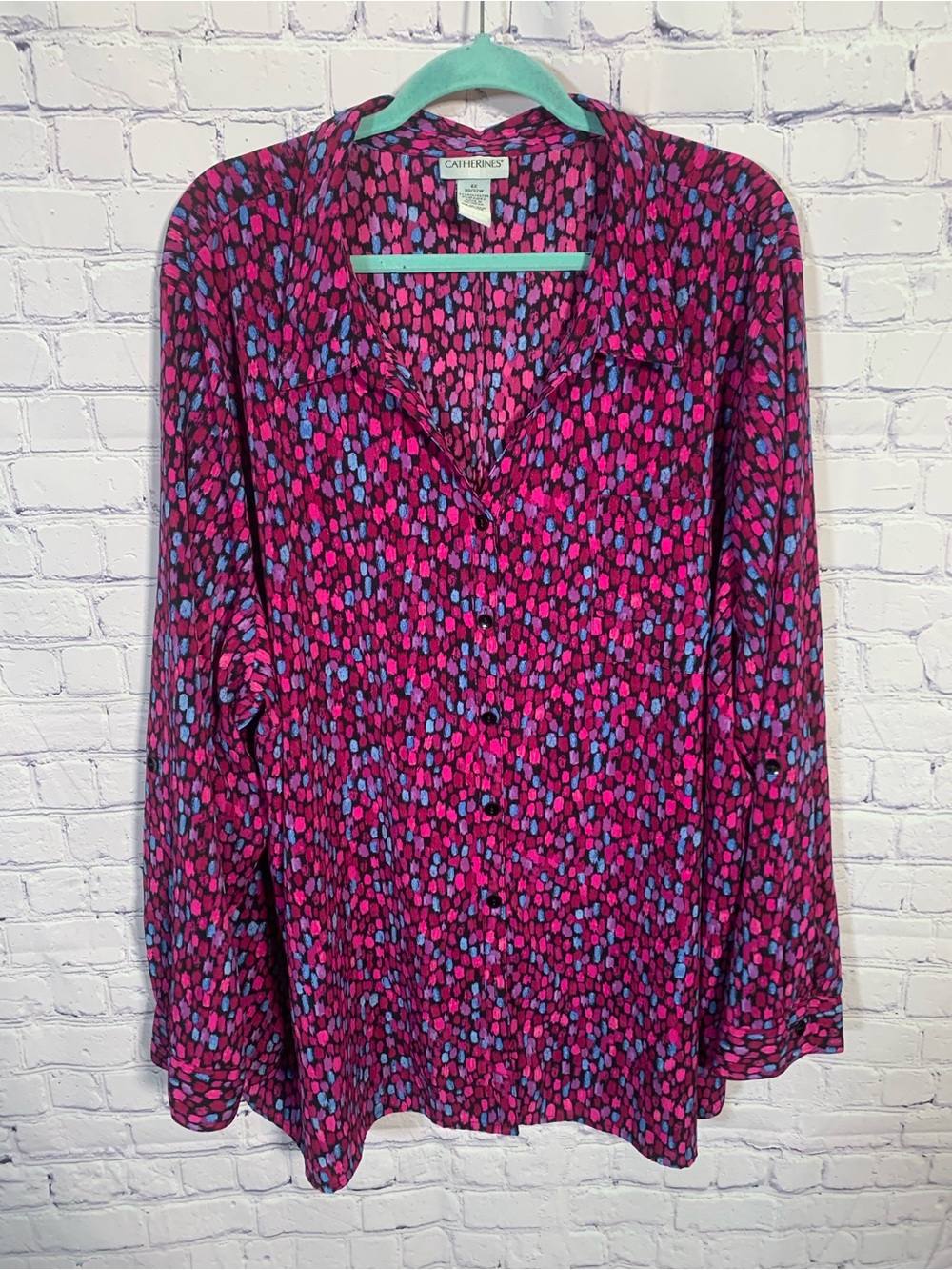 Catherines Womens Dot Pattern Button Down Pink Blue Size 4X Casual